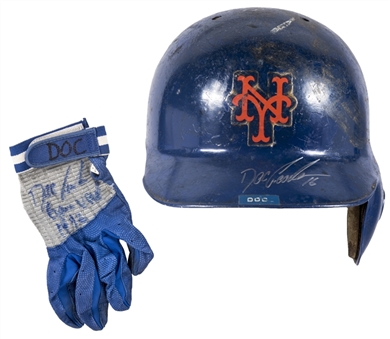 Lot of (2) Doc Gooden Game Used & Signed New York Mets Batting Helmet & Batting Glove (JT Sports & JSA) 